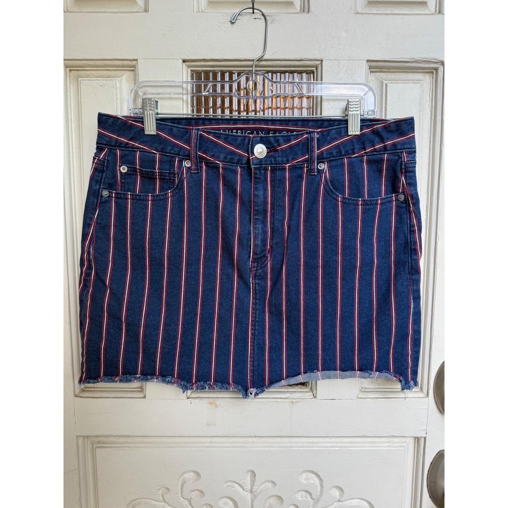 American Eagle Hi Rise Mini Denim Skirt Red Blue Stripes Raw Hem Size 14